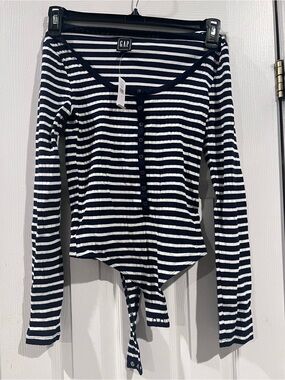 GAP Navy and White Striped Ribbed Button-Front Bodysuit